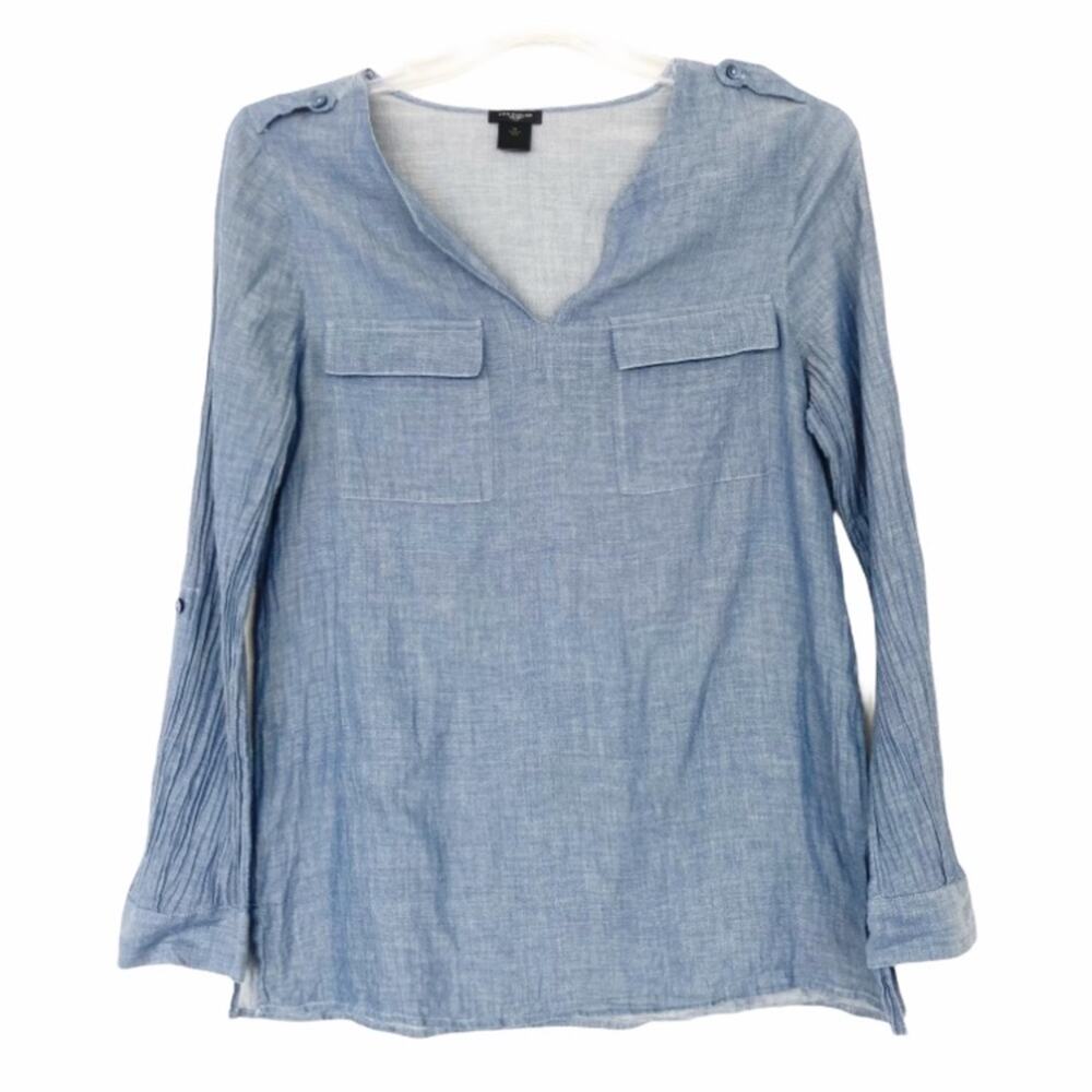 Ann Taylor Chambray Split Neck Long Sleeve Shirt Sz M